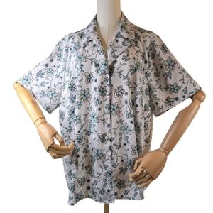 Liz Baker Retro Floral Button Front Shirt White Aqua Black 22W